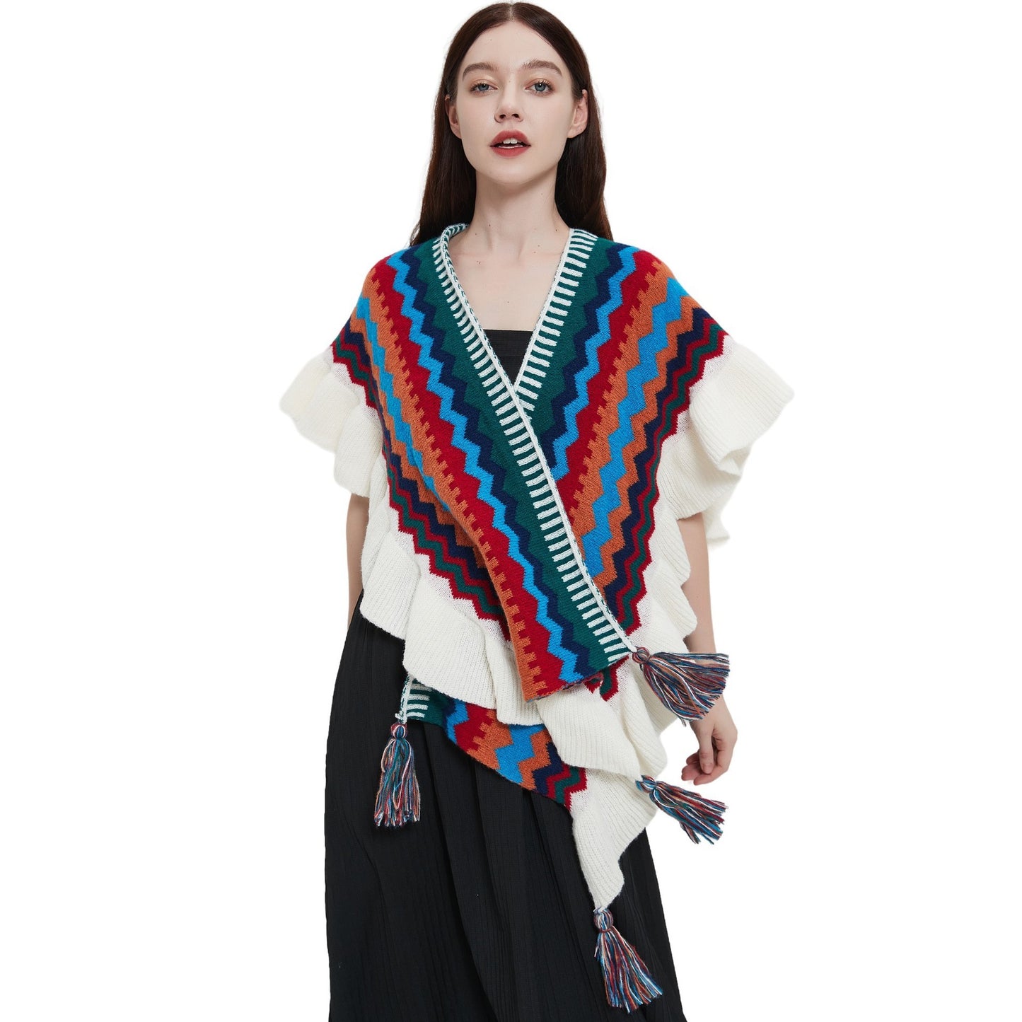 European And American Spring Autumn And Winter Ladies Travel Ethnic Style Ruffled Knitted Shawl