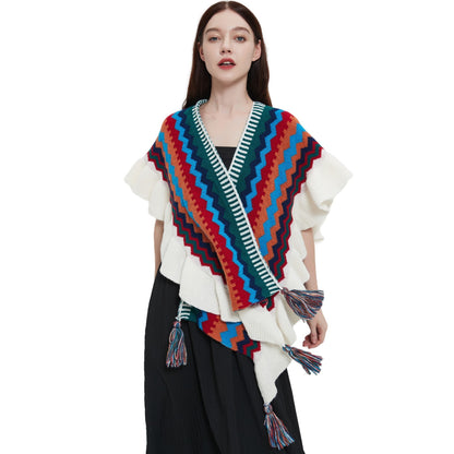 European And American Spring Autumn And Winter Ladies Travel Ethnic Style Ruffled Knitted Shawl