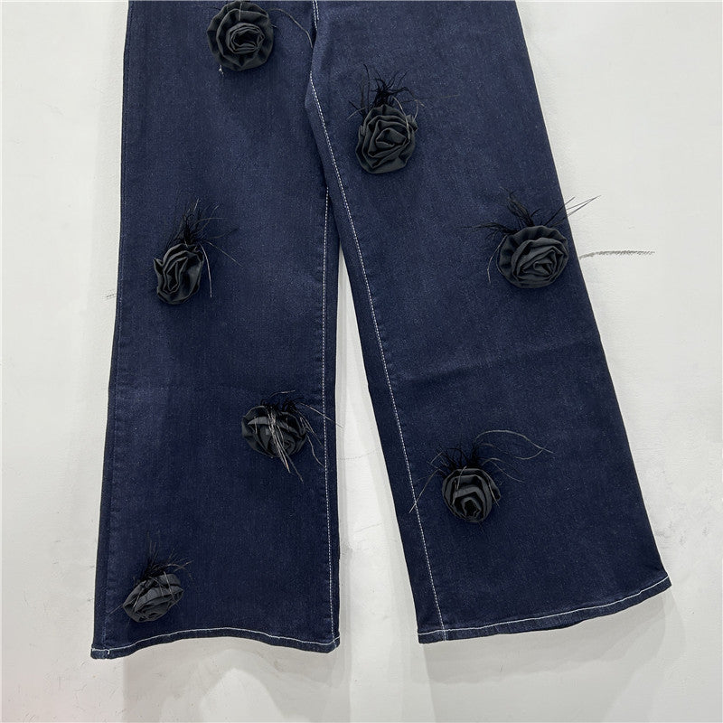 European And American Niche Three-dimensional Feather Rose Flower Jeans
