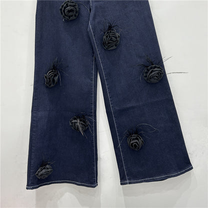 European And American Niche Three-dimensional Feather Rose Flower Jeans