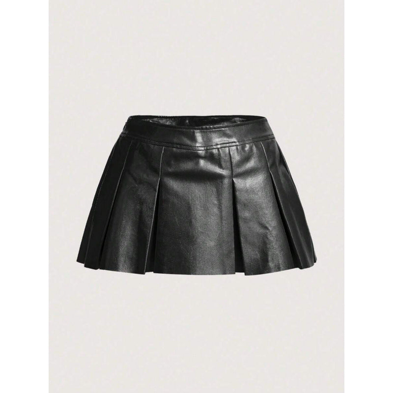 New Bottoms Solid Color PU Leather Pleated Skirt