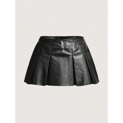 New Bottoms Solid Color PU Leather Pleated Skirt