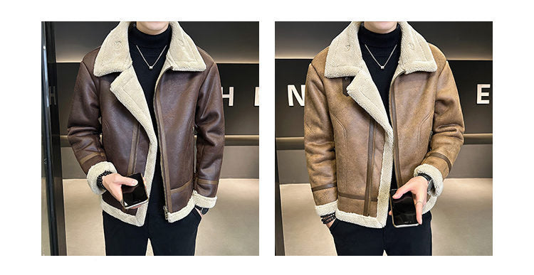 Fur Integrated Motorcycle Jacket Mens Fleece-Lined Thickened Leather Opulent Protection