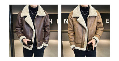 Fur Integrated Motorcycle Jacket Mens Fleece-Lined Thickened Leather Opulent Protection