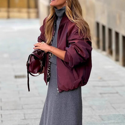 Women's Elegant Reversible Zipper Jacket Leopard Print And Wine Red Casual Coat
