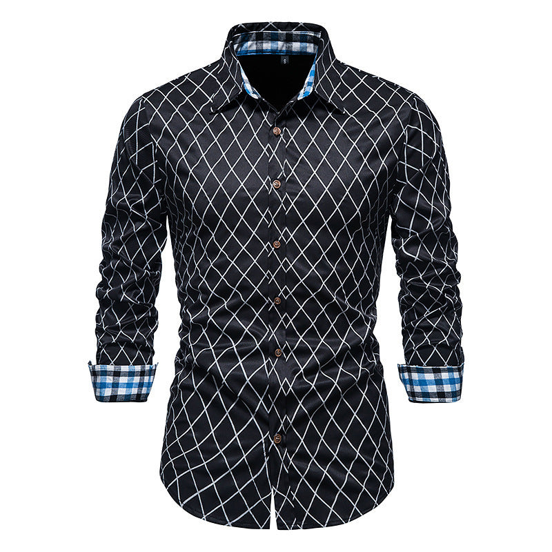 Diamond Check Contrast Color Long Sleeve Fashion Shirt