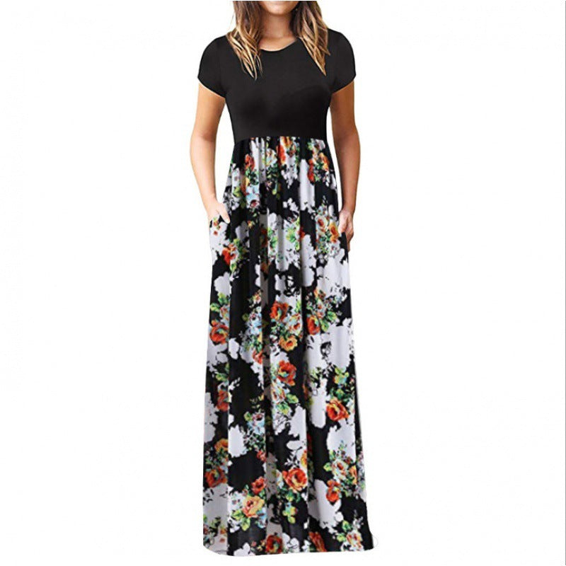 Ladies Short Sleeve Printed Dress Long Skirt