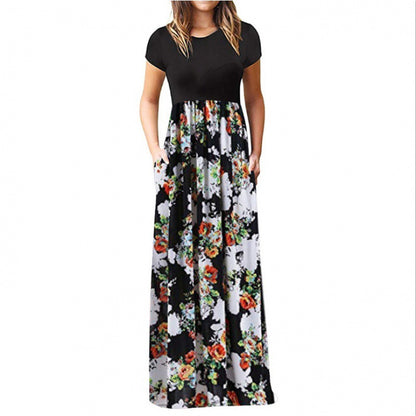 Ladies Short Sleeve Printed Dress Long Skirt