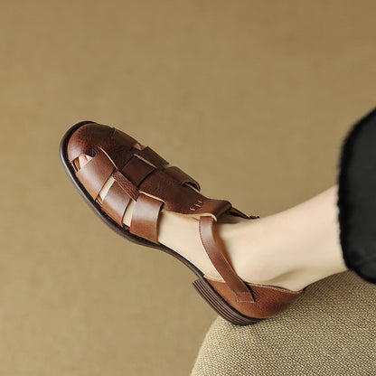Round Toe Low Heel Leather French Retro Roman Sandals Flat Women's