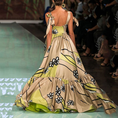 Women's Printed Backless Lace Up Printed Dress