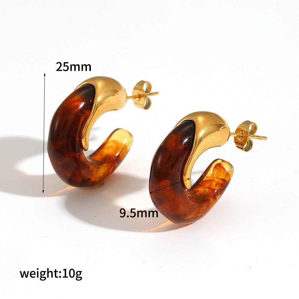 Mild Luxury Retro Resin Stainless Steel Earrings Women's High-grade Amber 18K Gold Plated Ear Clip
