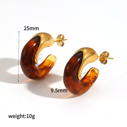 Mild Luxury Retro Resin Stainless Steel Earrings Women's High-grade Amber 18K Gold Plated Ear Clip