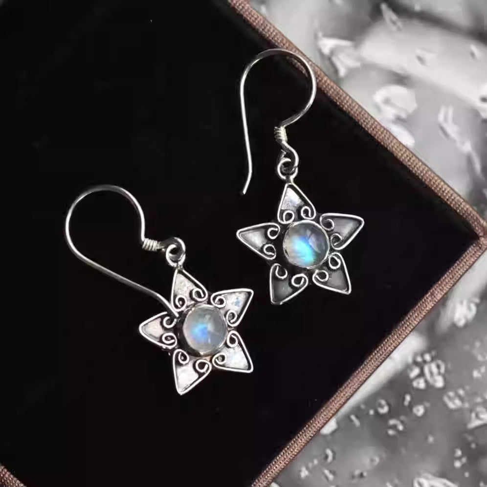 S925 Sterling Silver Earrings Inlaid Natural Moonstone Earrings Blue Light Retro Compact Women