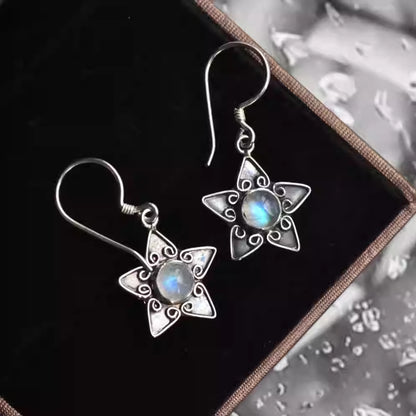 S925 Sterling Silver Earrings Inlaid Natural Moonstone Earrings Blue Light Retro Compact Women