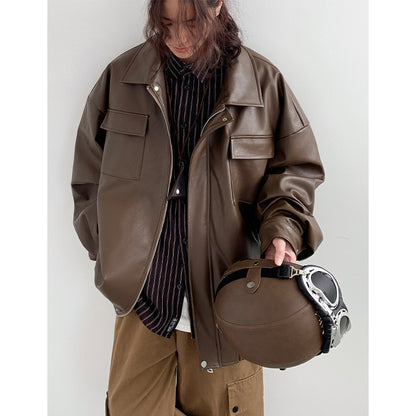Spring Autumn Leisure Japanese Loose Leather Jacket Effortless Zen