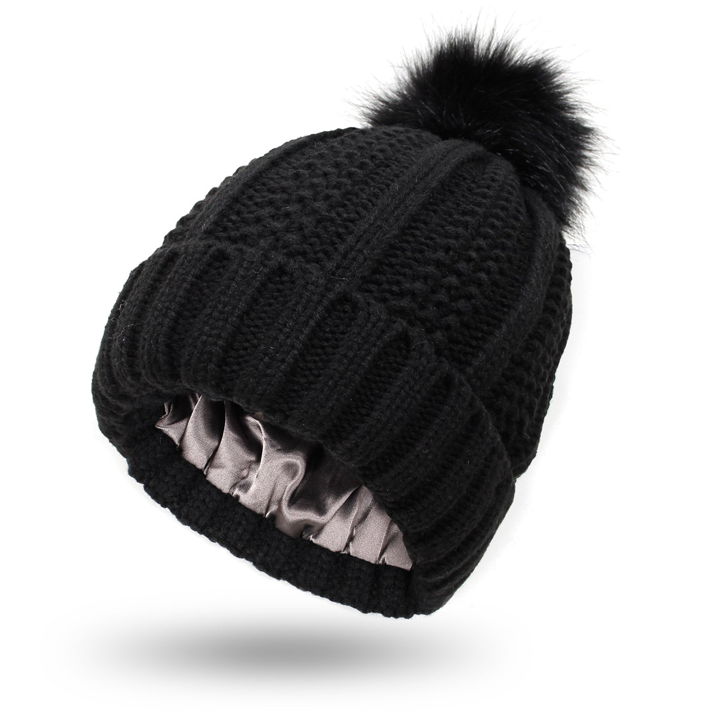 Faux Fur Pom-Pom Beanie Hat | Women's Fleece-Lined Stretchy Knit Winter Skull Cap