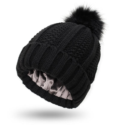 Faux Fur Pom-Pom Beanie Hat | Women's Fleece-Lined Stretchy Knit Winter Skull Cap