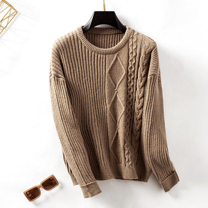 Loose Pullover Retro Solid Color Sweater For Women