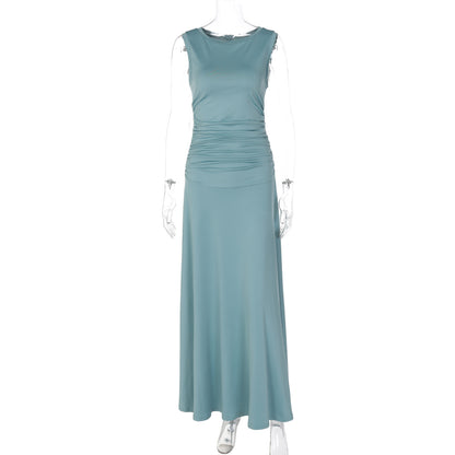 Fashionable Elegant Slim-fit Pleated Round Neck Sleeveless Solid Color Dress