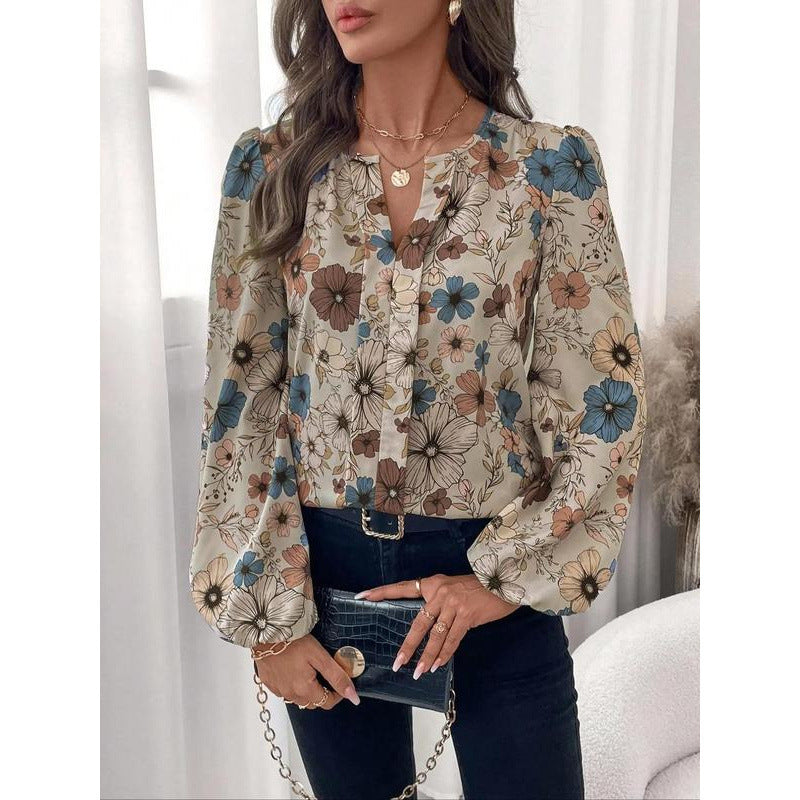 Women's Floral Print Notched Collar Shirt Elegant