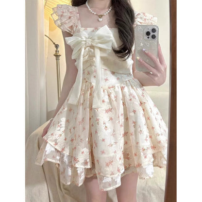 Women's Flounced Sleeve Bow Floral Dress