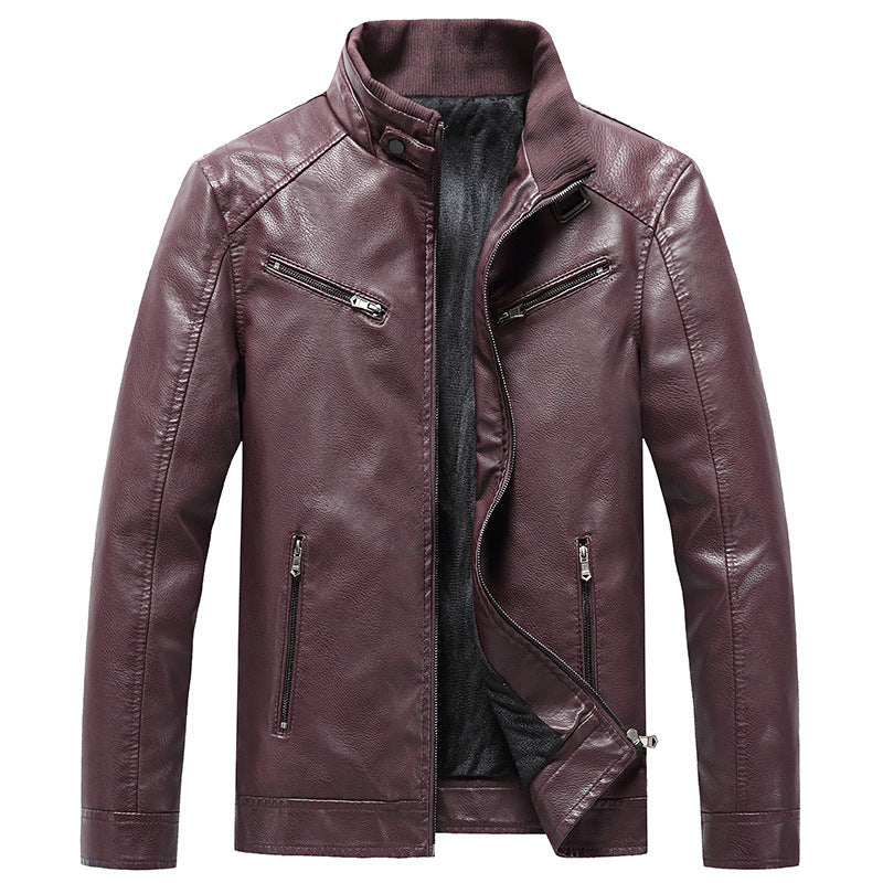 Mens Fleece Padded Coat Casual Korean-Style Stand Collar PU Leather Trendy Youth