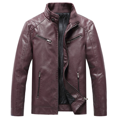 Mens Fleece Padded Coat Casual Korean-Style Stand Collar PU Leather Trendy Youth