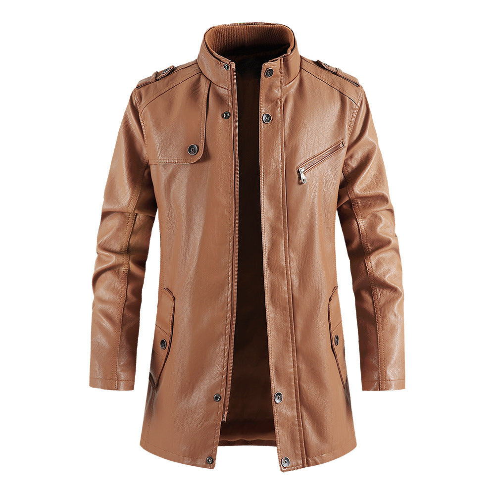 Mens Fashionable Standing Collar Plush Leather Jacket Plush Sophisticated Warmth