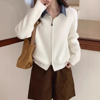 False Two-piece High Quality Denim Patchwork Knitted Sweater