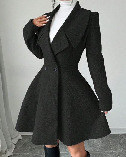 Wool Coat With A Cinched Waist Dress Design, Elegant Long Sleeves