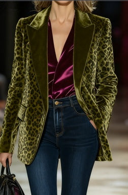 Casual Loose Vintage Velvet Leopard Print Colorblock Lapel Coat Printed Pattern
