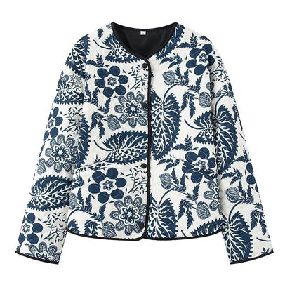 Printed Round Neck Cotton-padded Jacket Long Sleeve Short Jacket