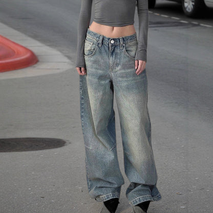 Autumn Winter Retro Distressed Dirty Pants High Waist Straight Loose Wide Leg Jeans