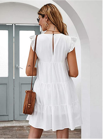 Ladies Solid Color Round Neck Short Sleeve Casual Dress