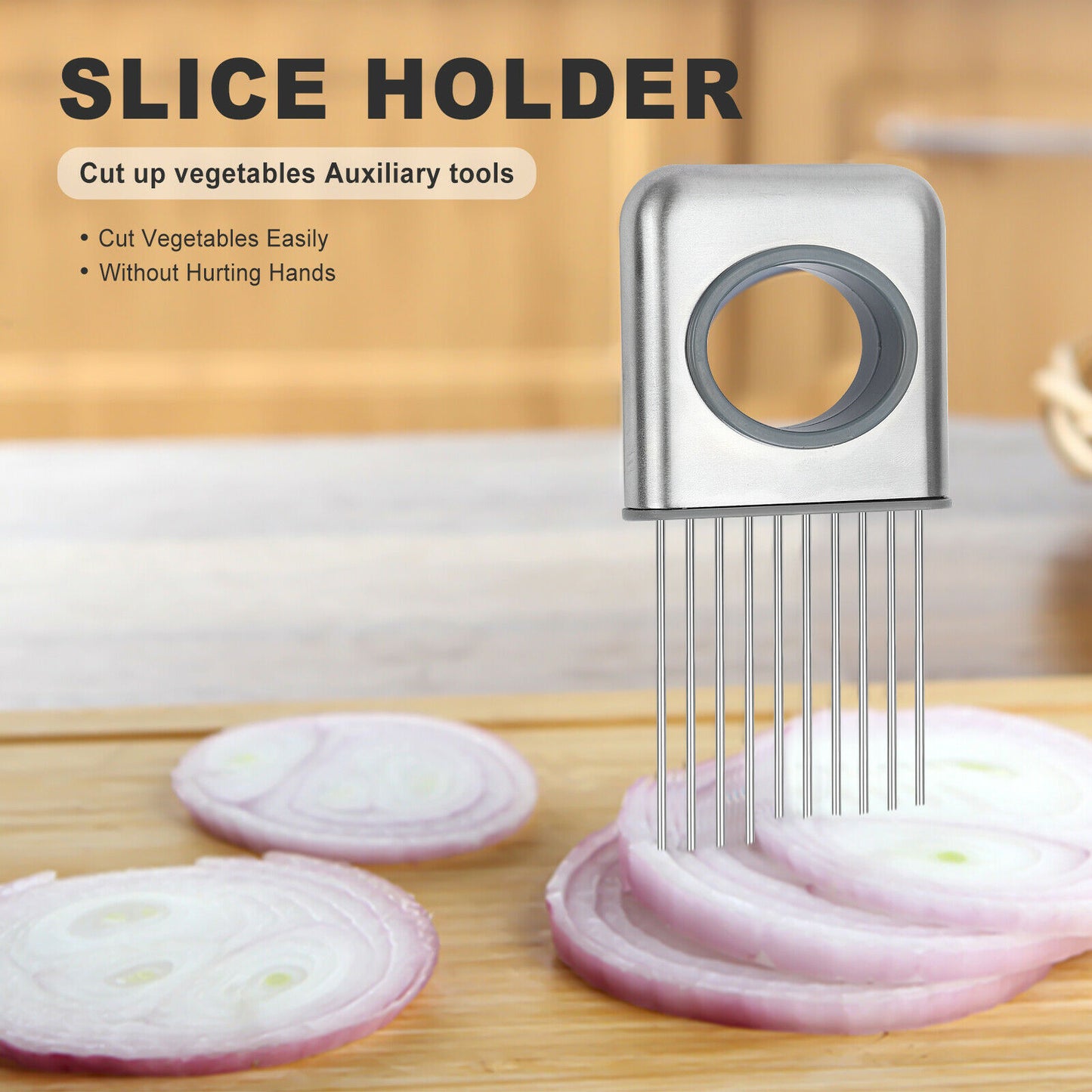 Stainless Steel Onion Holder & Slicer | Safe Tomato & Vegetable Cutting Guide