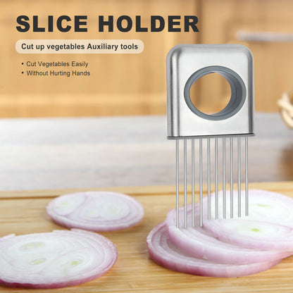 Stainless Steel Onion Holder & Slicer | Safe Tomato & Vegetable Cutting Guide