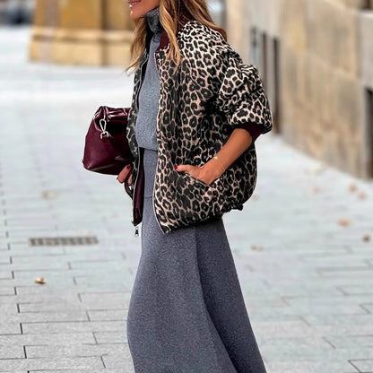 Women's Elegant Reversible Zipper Jacket Leopard Print And Wine Red Casual Coat