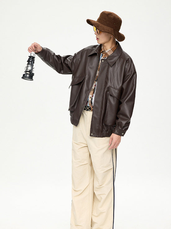 American Retro Street Trend Lapel PU Leather Jacket for Men Cultural Icon
