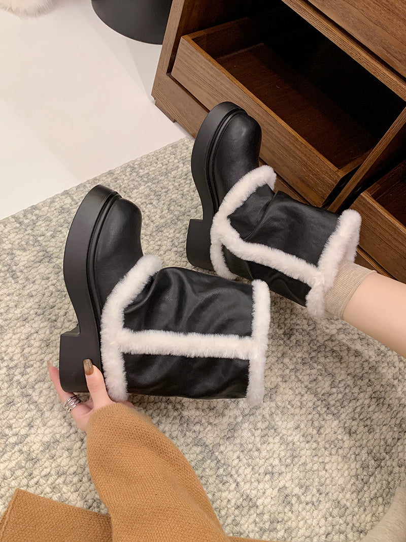 Women's Winter Faux Fur Lined Short Boots, Fashion Thick Bottom Ankle Booties With Warm Plush Trim For Casual Daily Wear