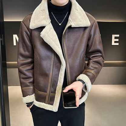 Fur Integrated Motorcycle Jacket Mens Fleece-Lined Thickened Leather Opulent Protection