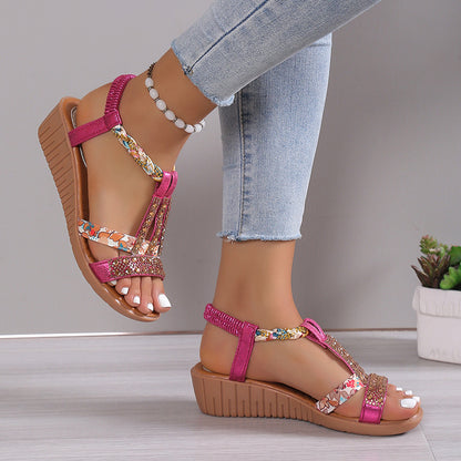 Plus Size Bohemian Elastic Strap Rhinestone Sandals For Women