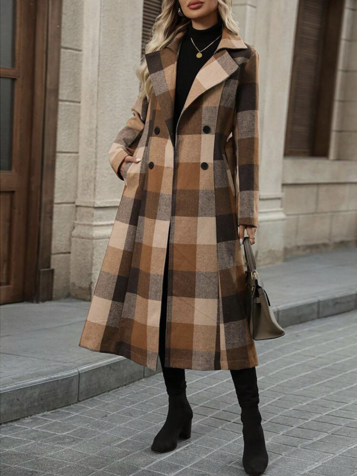 Women's Long Woolen Double-Breasted Coat With Lapel Collar And Belt