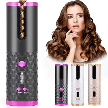 Rechargeable Auto-Rotating Hair Curler | LCD Display Ceramic Barrel Curling Iron for Women