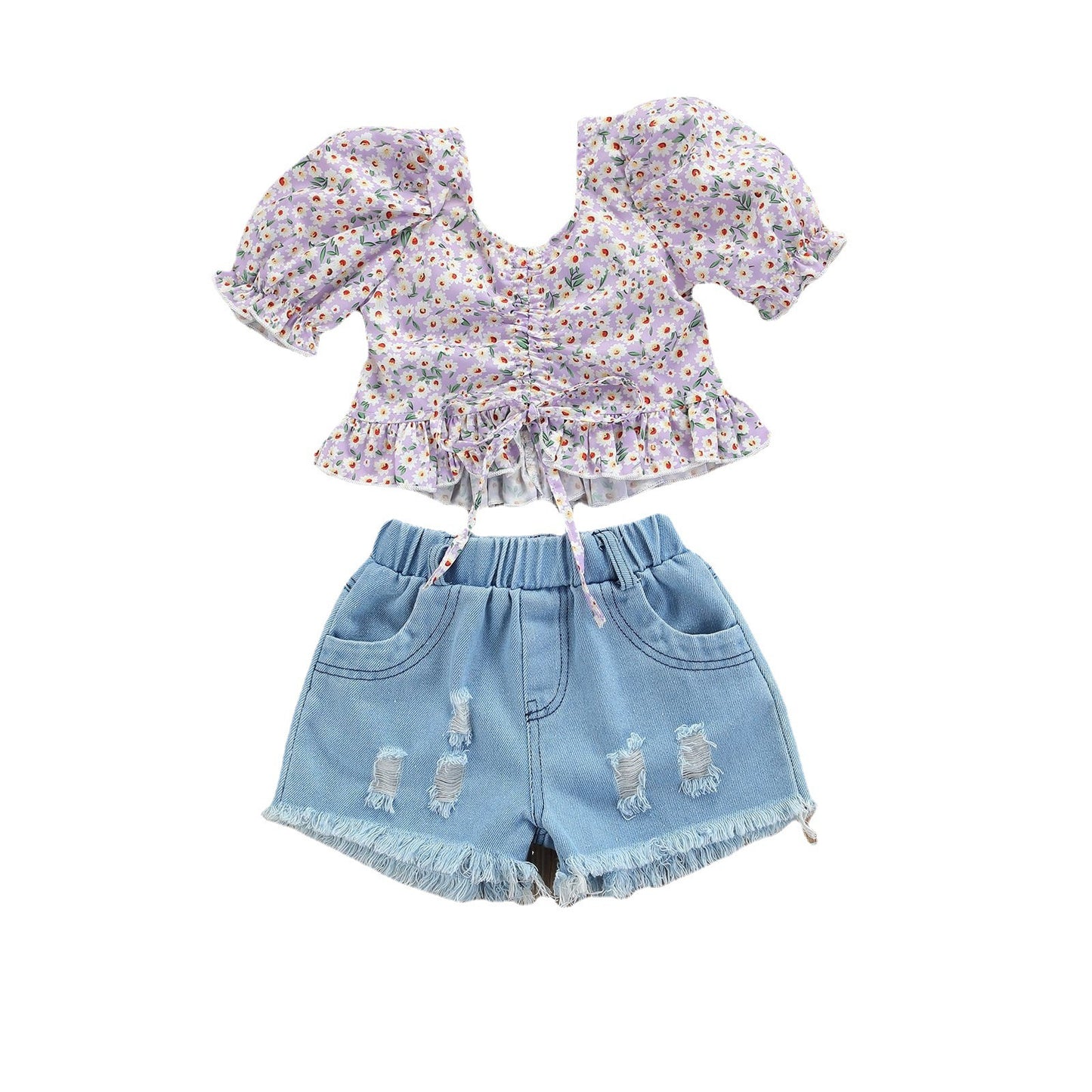 Girls' Fashionable Simple Short-sleeved Floral Denim Shorts Suit
