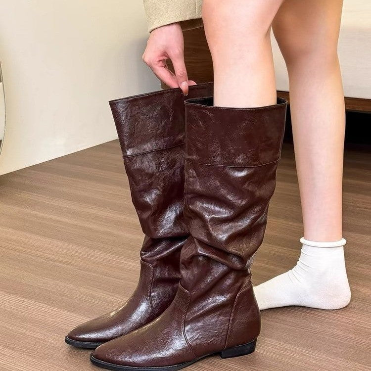 Small Retro Pointed Height Increasing Insole Boots Below The Knee High