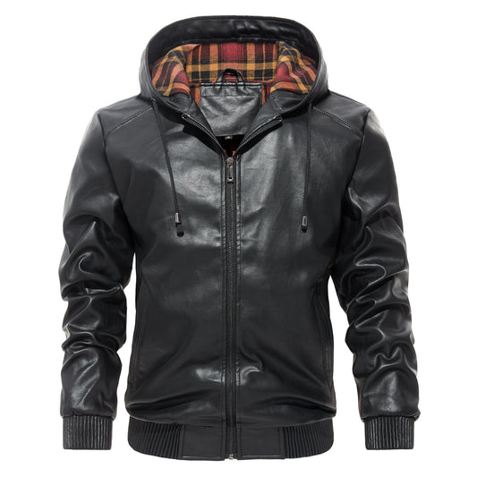 Mens Casual Hooded Leather Coat Trendy All-Match Essential