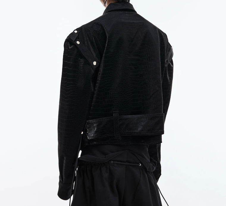 Padded Shoulder PU Leather Coat Deconstruction Design Sense Architectural Boldness