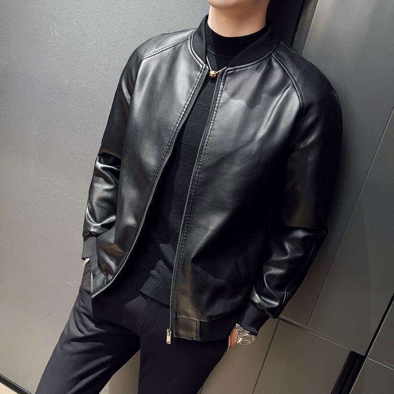 Mens Slim Fit Trendy Handsome Washed Leather Jacket Distressed Refinement