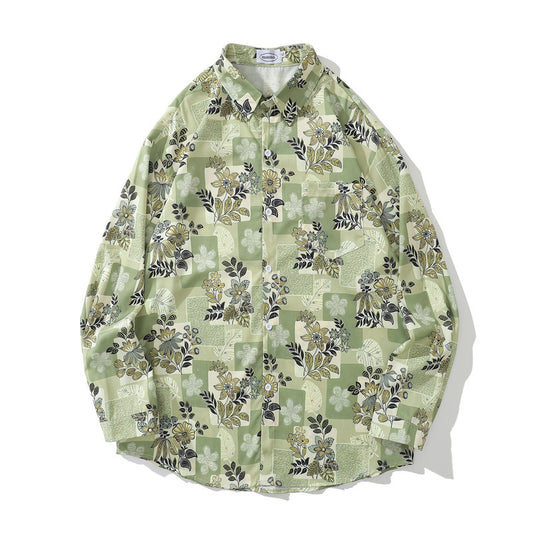 Japanese Retro Floral Full Print Long Sleeve Shirt For Men