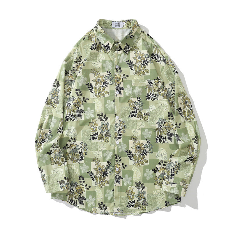 Japanese Retro Floral Full Print Long Sleeve Shirt For Men